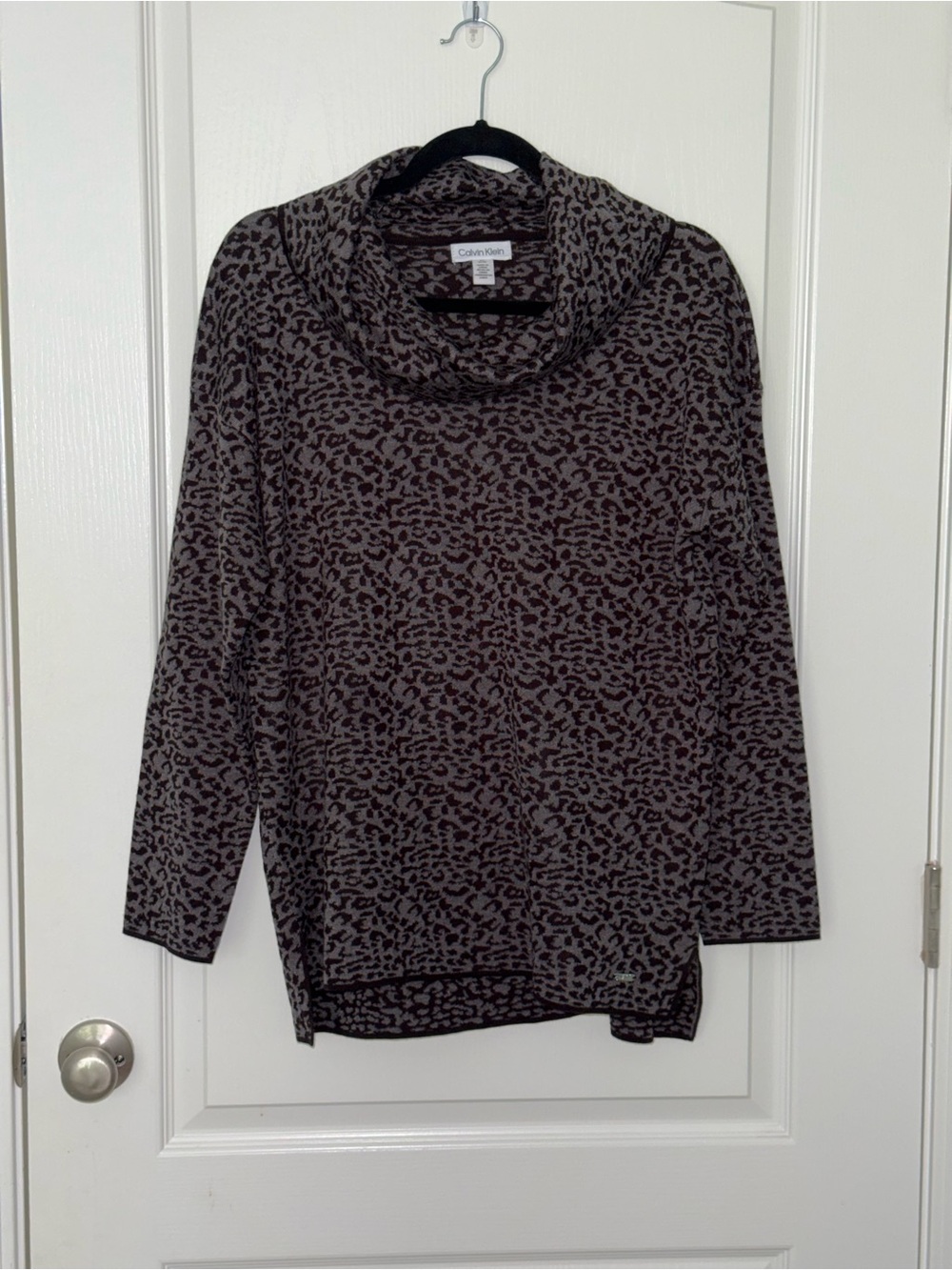 Calvin Klein Women's Grey and Black Leopard Cowl Neck Sweater